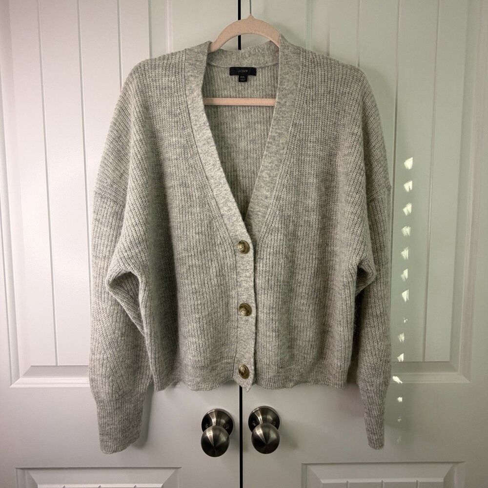 J.Crew Ribbed V-Neck Cardigan Sweater Gray Alpaca Wool Blend Relaxed Fit